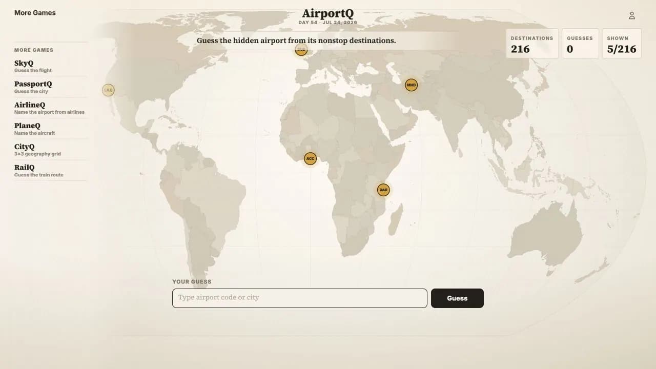 AirportQ daily airport map game showing a hidden airport's nonstop destination network