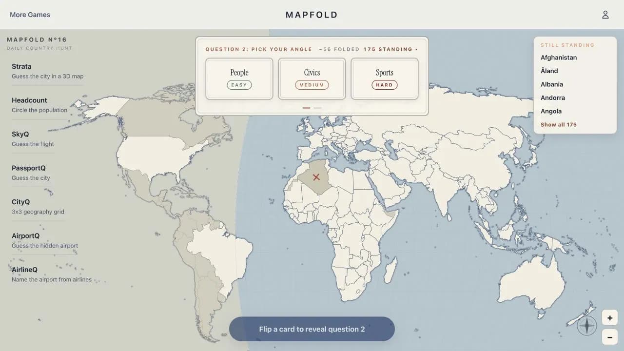 Mapfold daily country map game showing a world map folding away eliminated countries