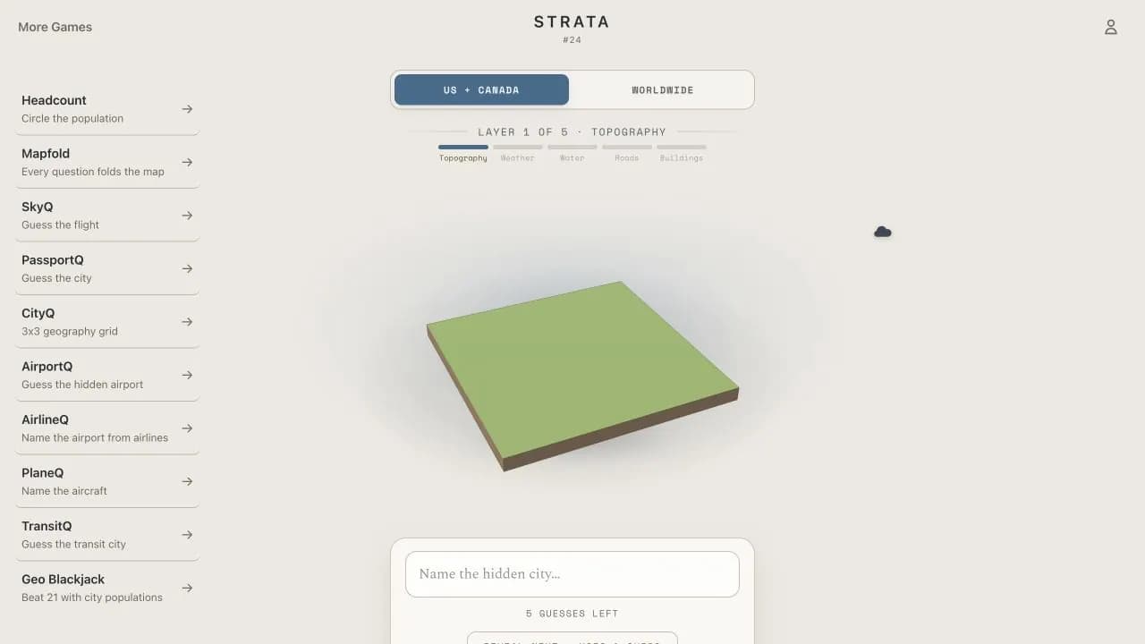 Strata 3D city map game showing the topography layer of a mystery city