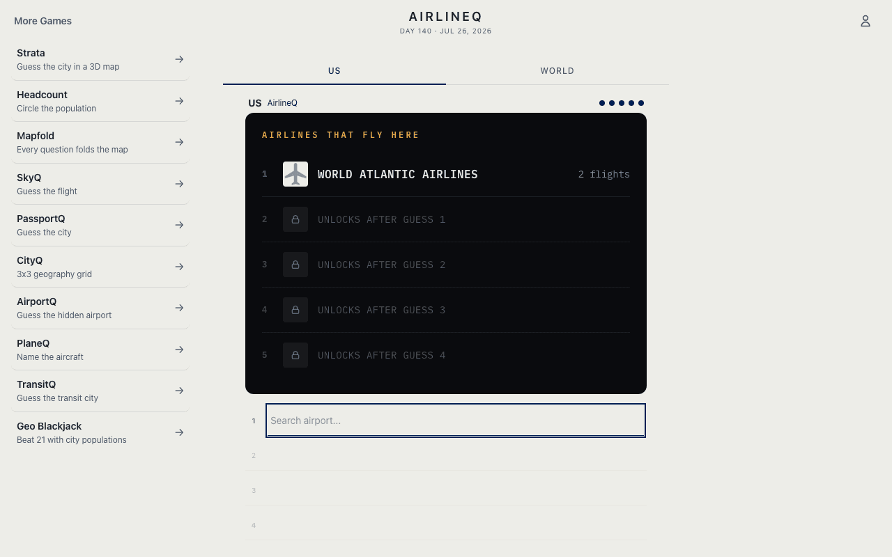 AirlineQ departure board puzzle listing the airlines serving a mystery airport