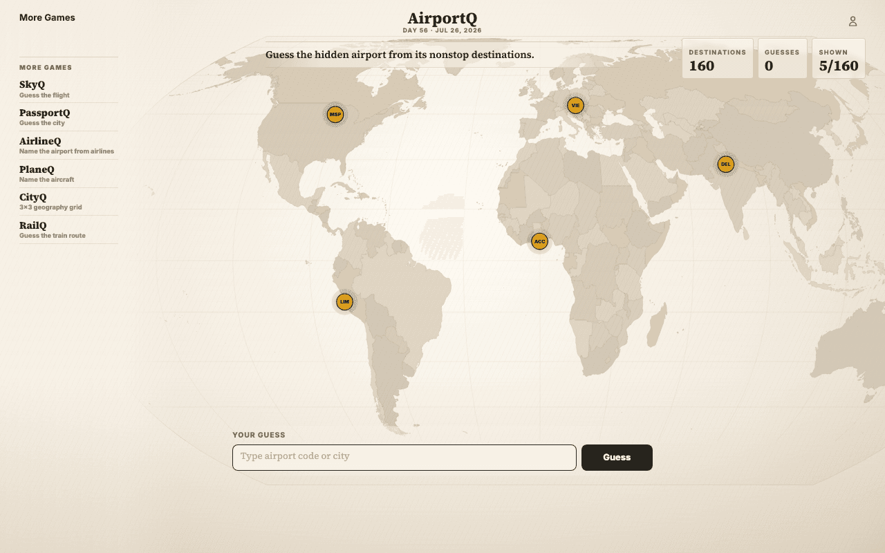 AirportQ map game showing a hidden airport's nonstop destination network