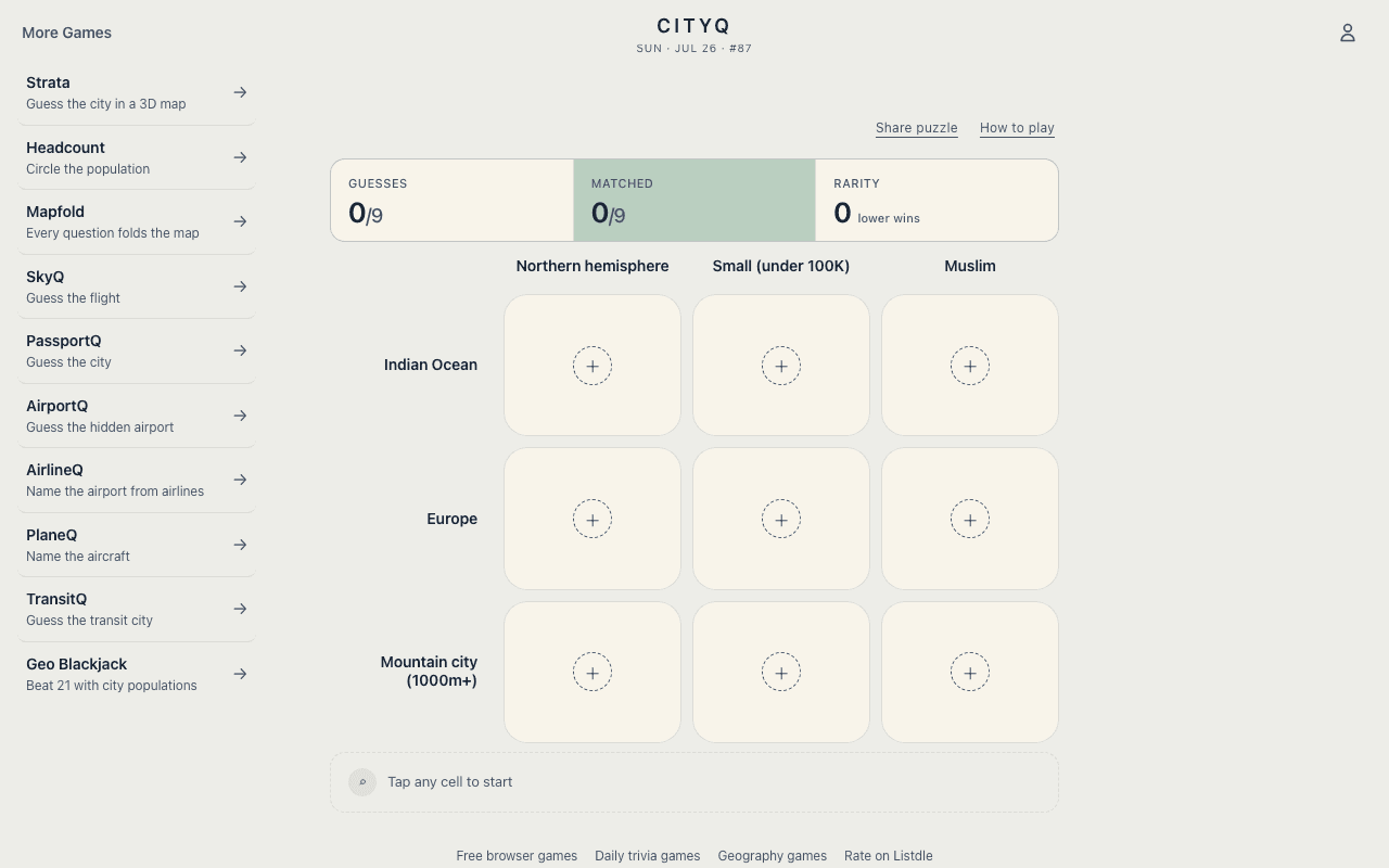 CityQ daily 3x3 city grid puzzle with row and column clues