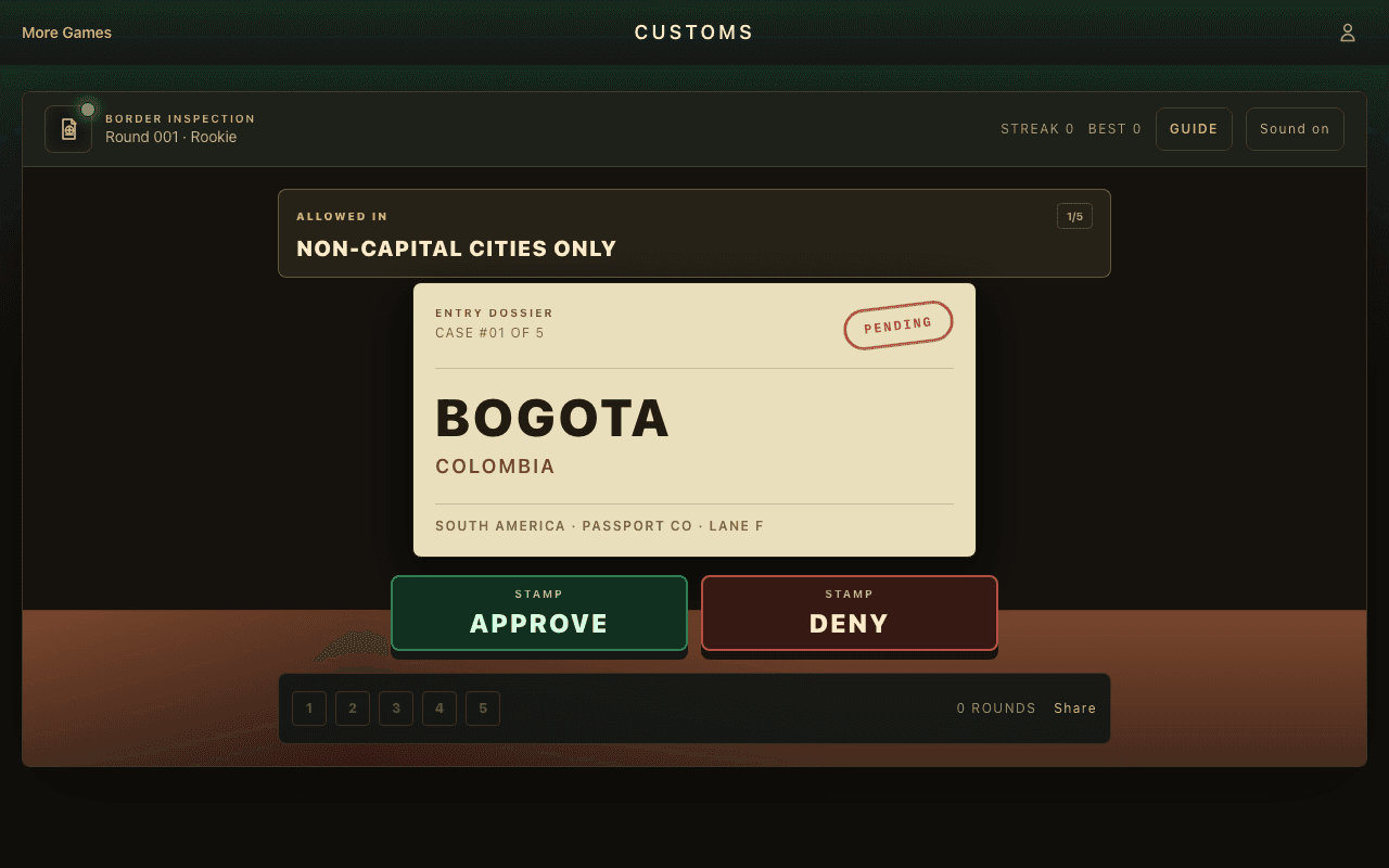 Customs border desk game with an approve-or-deny geography rule and an applicant city