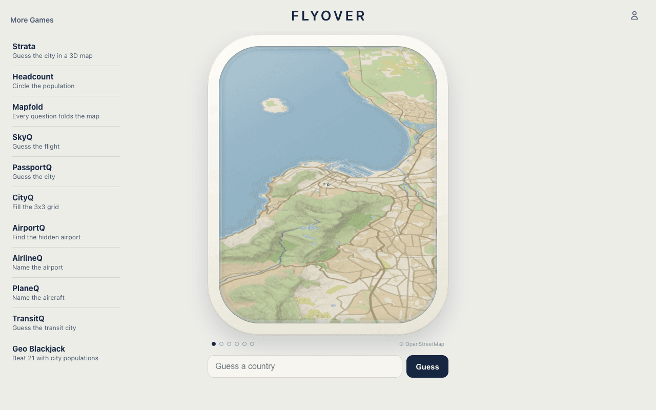 Flyover daily geography game showing an unlabeled patch of map through an airplane cabin window
