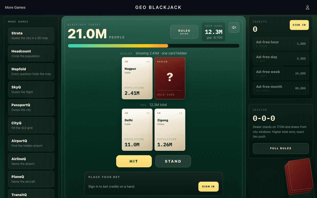 Geo Blackjack card game with city population cards adding toward 21 million