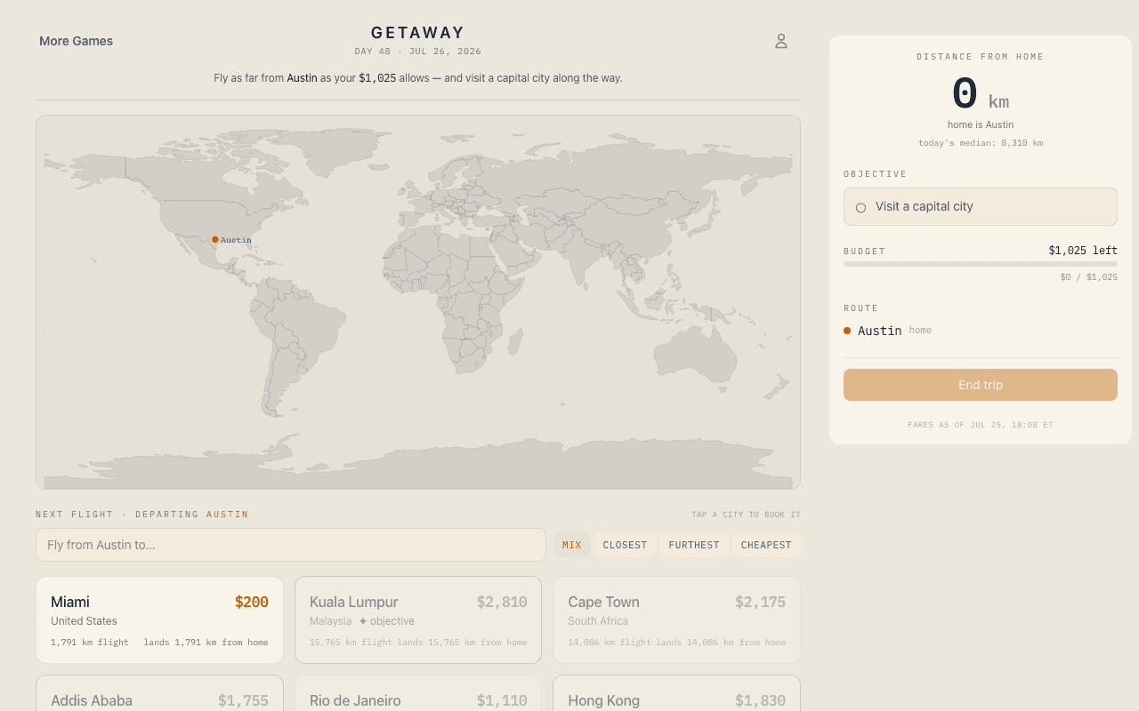 Getaway travel budget game showing destinations reachable on a fixed budget