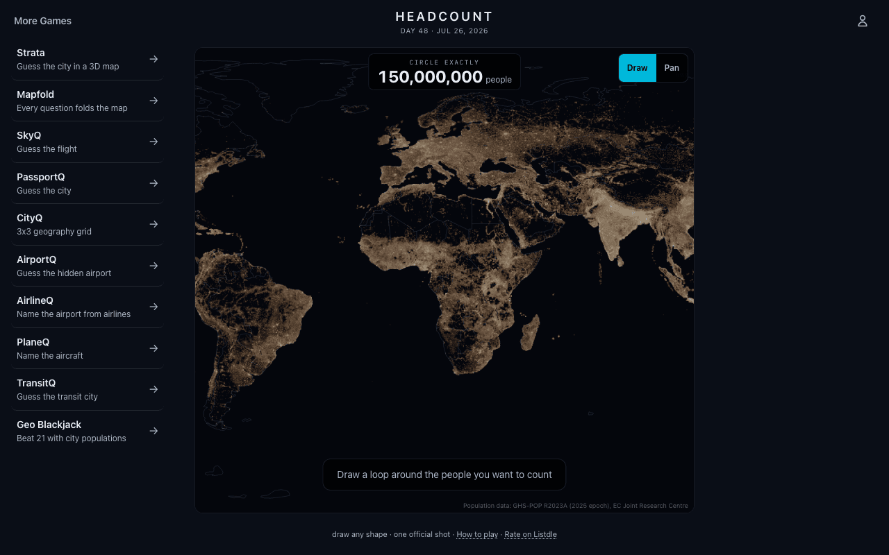 Headcount population map game with a loop drawn around a target number of people