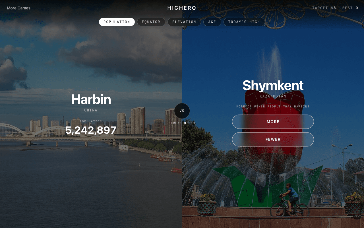 HigherQ higher-or-lower game comparing two cities' geography stats