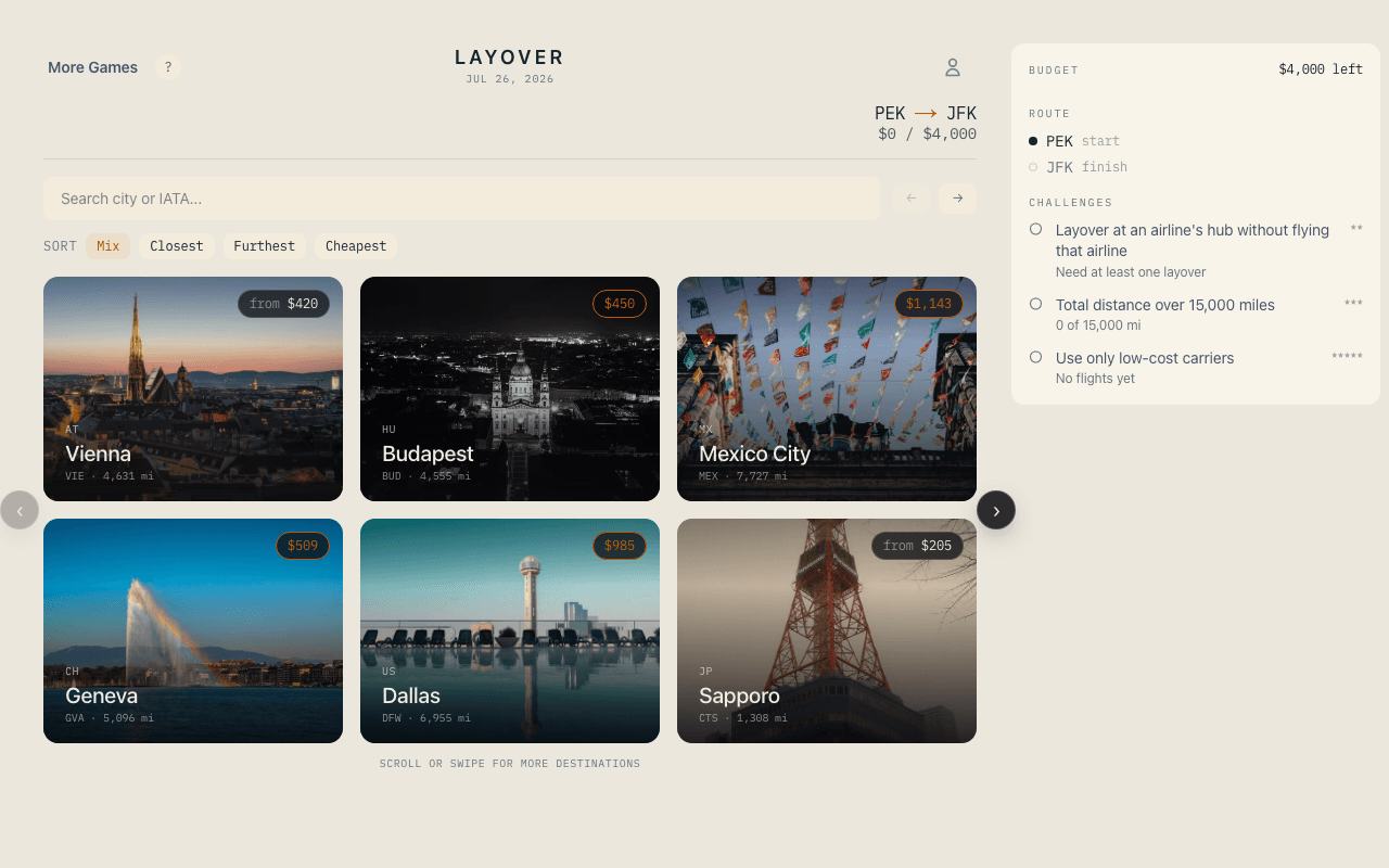 Layover route planning game building a multi-stop itinerary from real flight legs