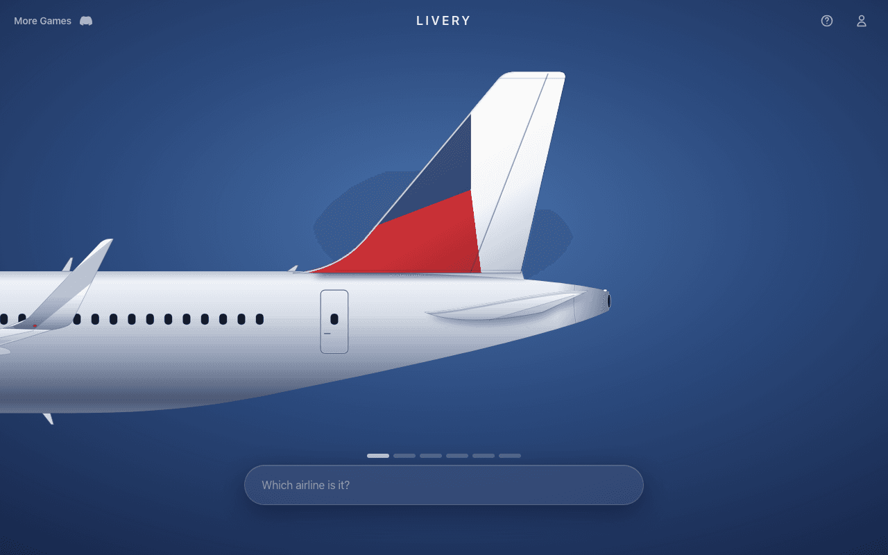 Livery airline tail puzzle with its opening colour clue and airline guess box