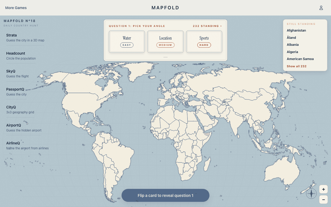 Mapfold daily map game with eliminated regions of the world map folded away