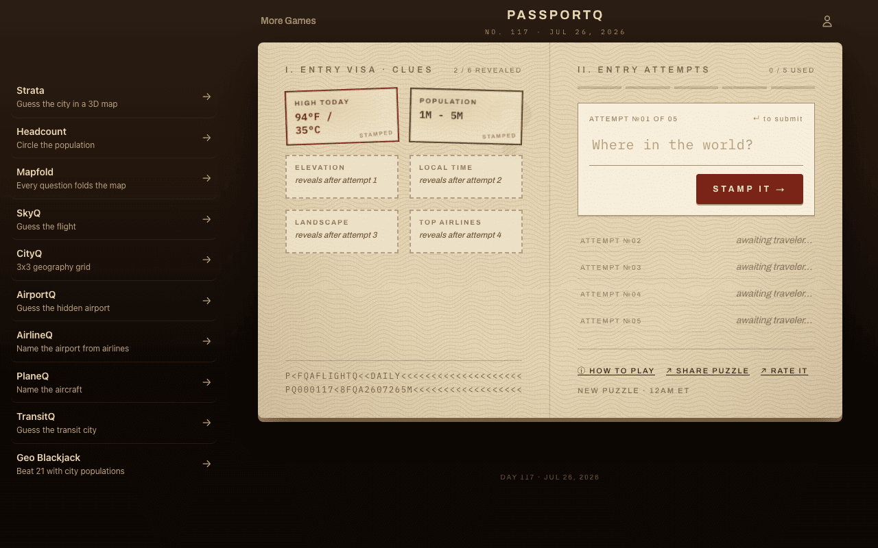 PassportQ daily city guessing game stamping travel clues into a passport page