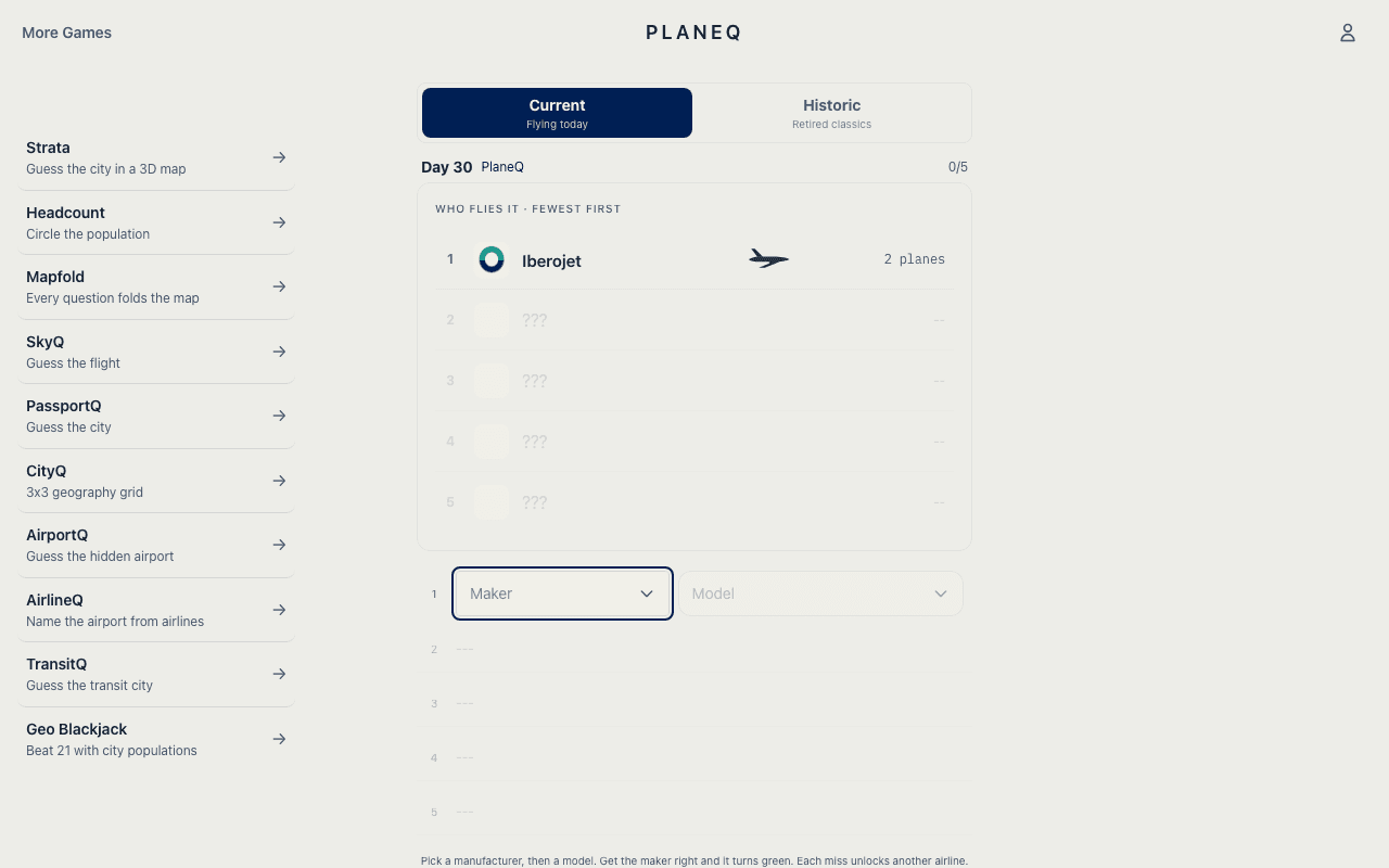 PlaneQ aircraft guessing game listing the airlines that operate the mystery plane