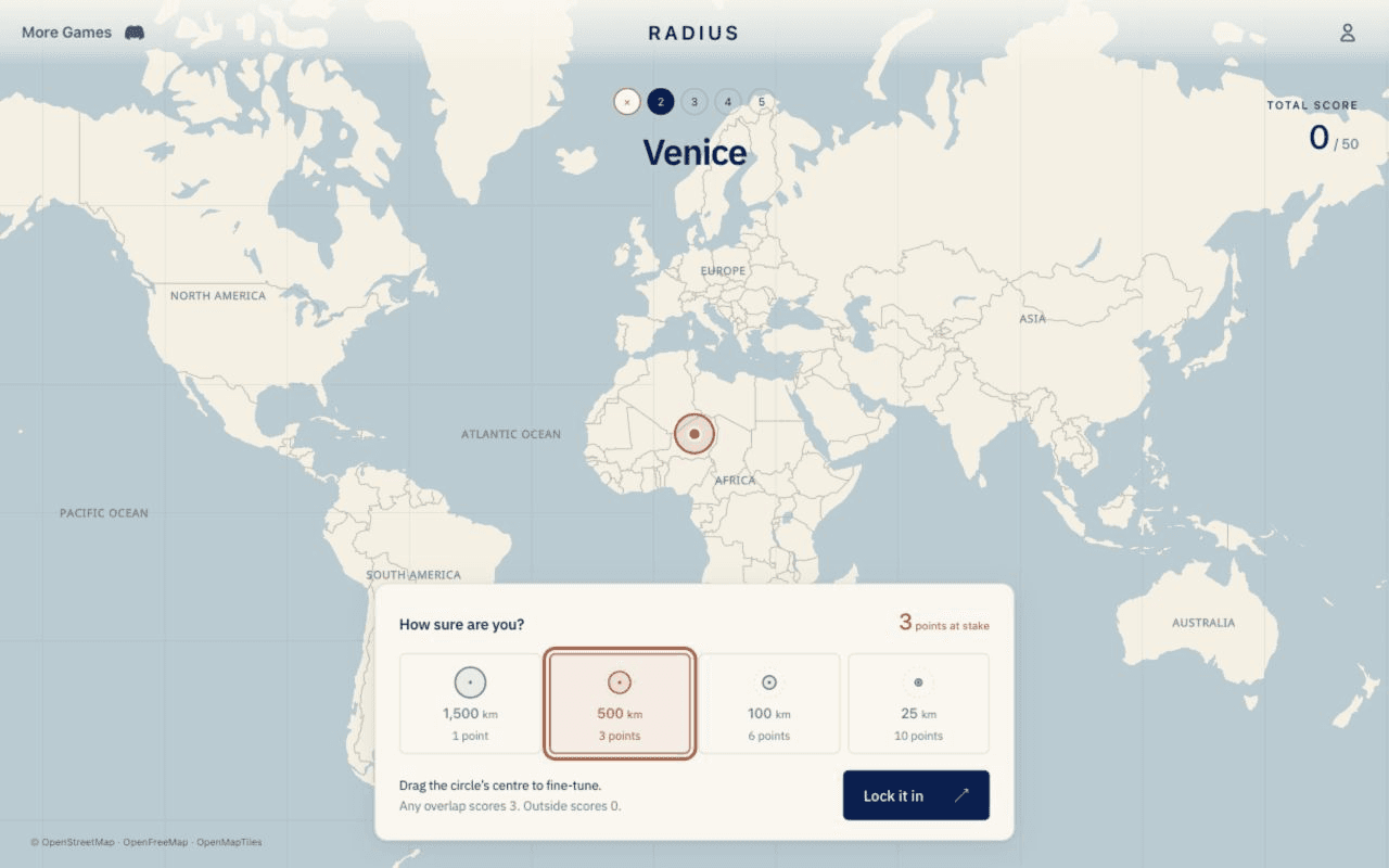 Radius city map game showing Venice as the question, a movable guess circle, and four radius choices