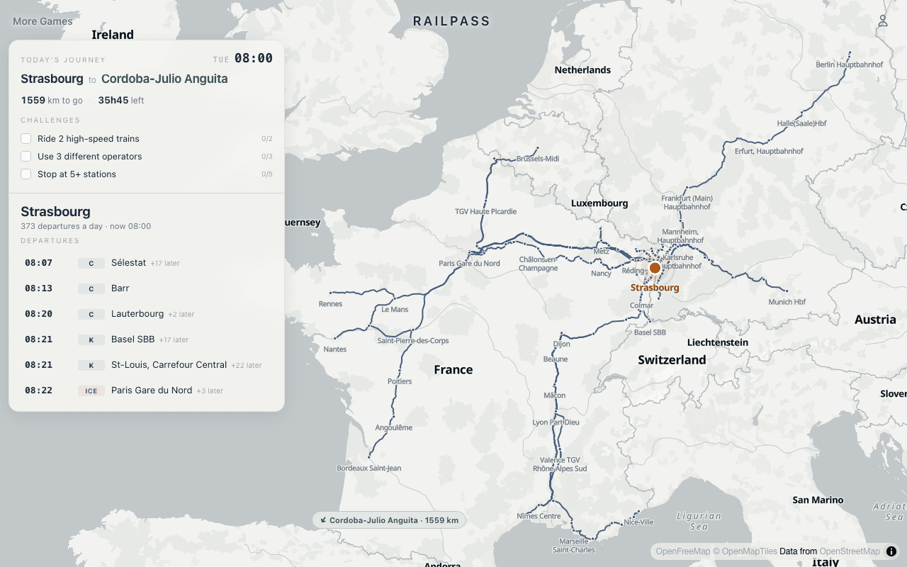 RailPass journey planning game showing a European rail map and a real departure board