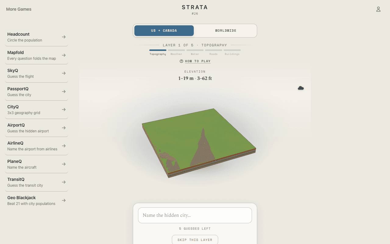 Strata 3D city guessing game showing a mystery city's terrain and map layers