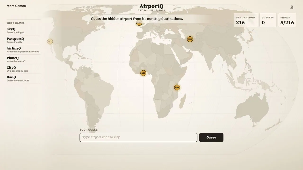 AirportQ daily airport map game showing a hidden airport's nonstop destination network