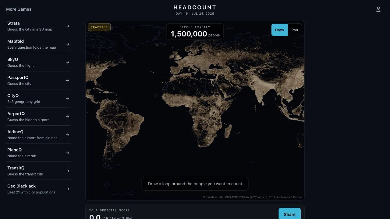 Headcount population map game showing global population density and a target count