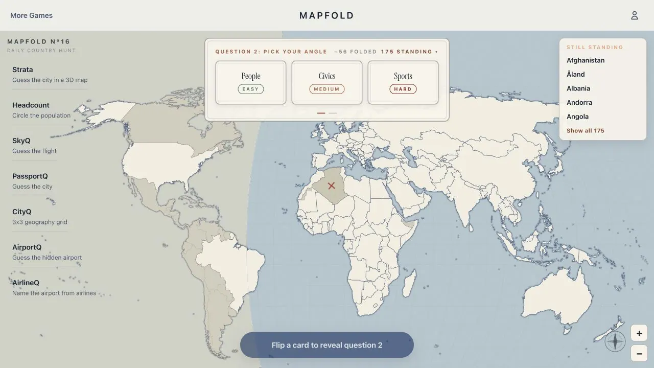 Mapfold daily country map game showing a world map folding away eliminated countries