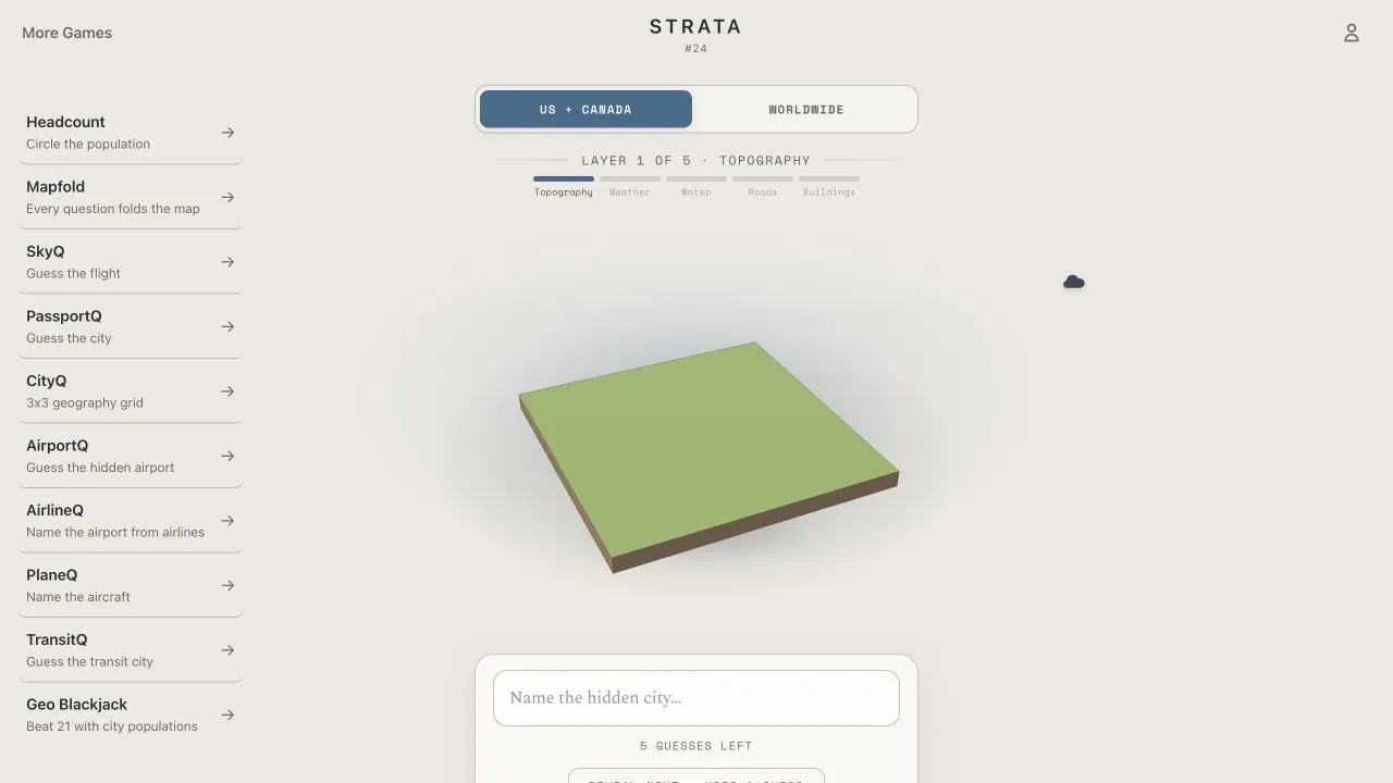 Strata 3D city map game showing the topography layer of a mystery city