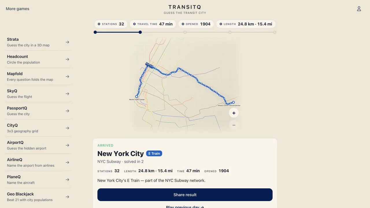 TransitQ city map game showing a real subway line and its station pattern