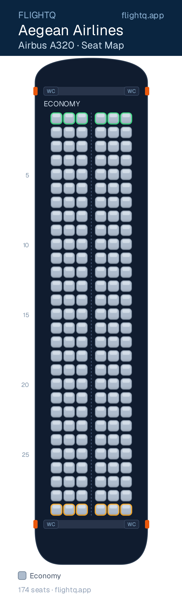 Aegean Airlines Airbus A320 seat map with 174 seats — best seats and rows to avoid