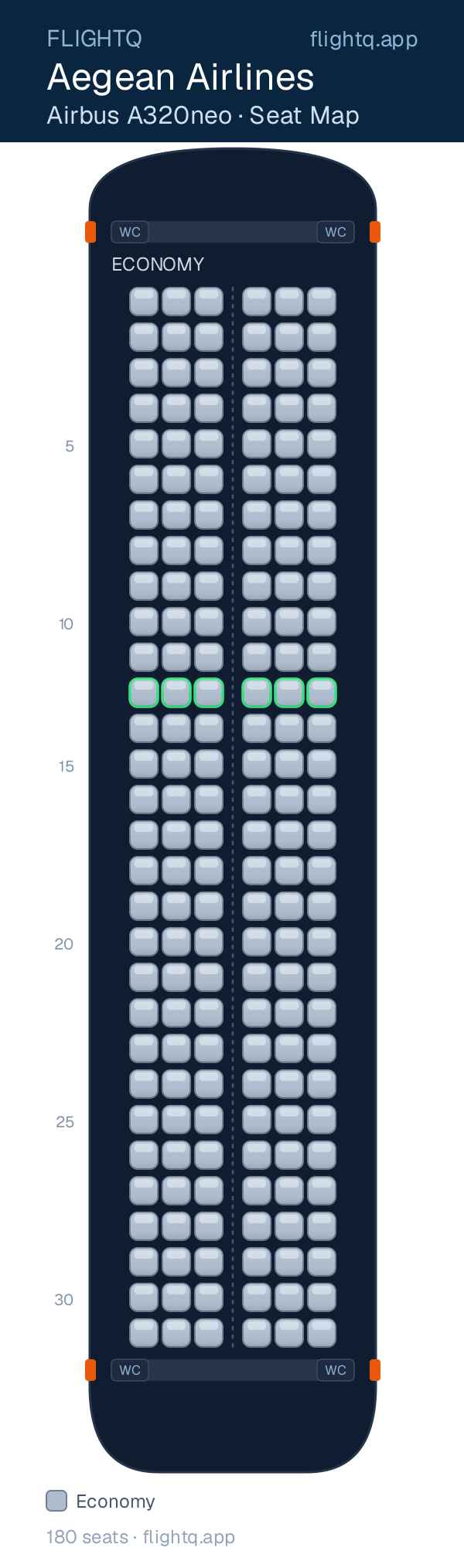 Aegean Airlines Airbus A320neo seat map with 180 seats — best seats and rows to avoid