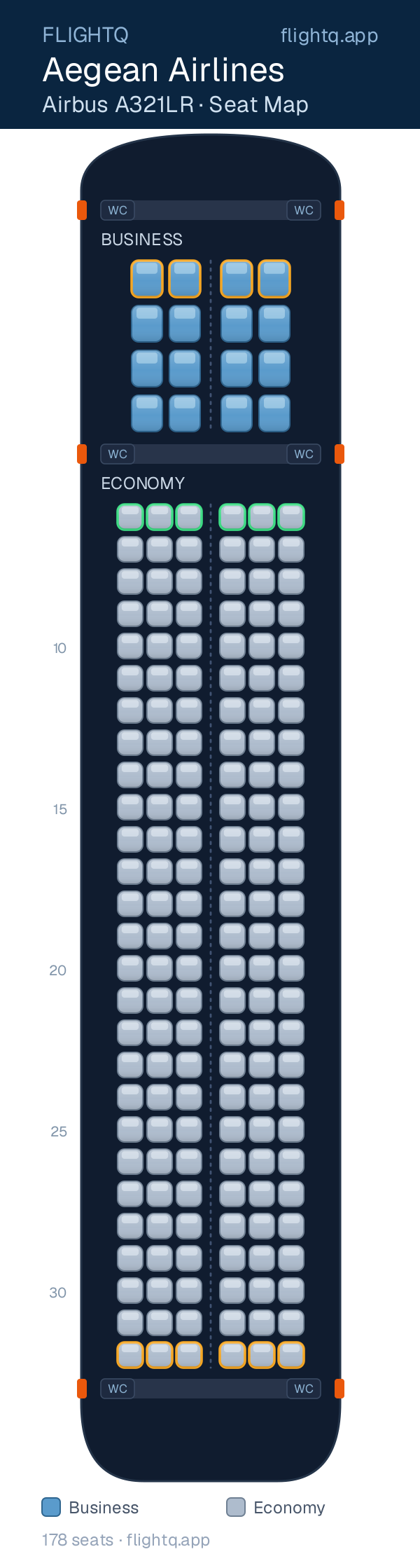 Aegean Airlines Airbus A321LR seat map with 178 seats across 2 cabins — best seats and rows to avoid
