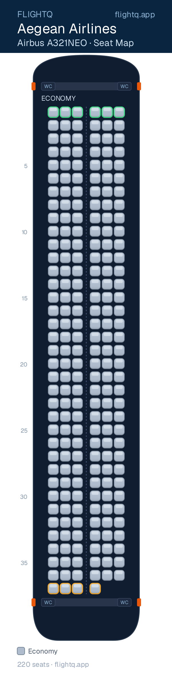 Aegean Airlines Airbus A321NEO seat map with 220 seats — best seats and rows to avoid