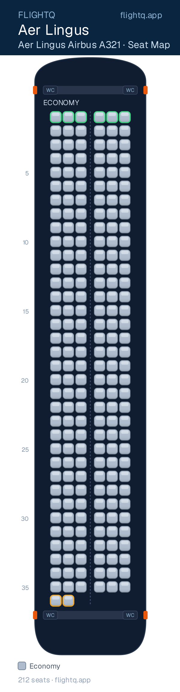 Aer Lingus Airbus A321 seat map with 212 seats — best seats and rows to avoid