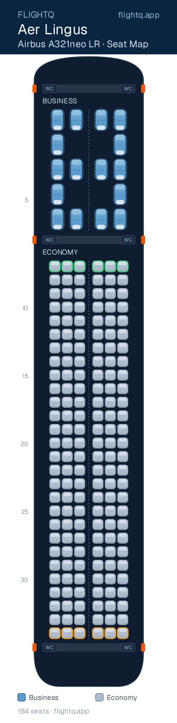 Aer Lingus Airbus A321LR seat map with 184 seats across 2 cabins — best seats and rows to avoid