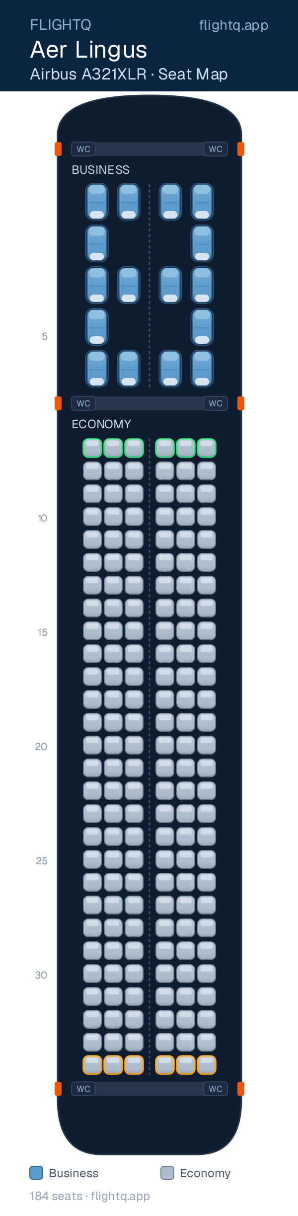 Aer Lingus Airbus A321XLR seat map with 184 seats across 2 cabins — best seats and rows to avoid