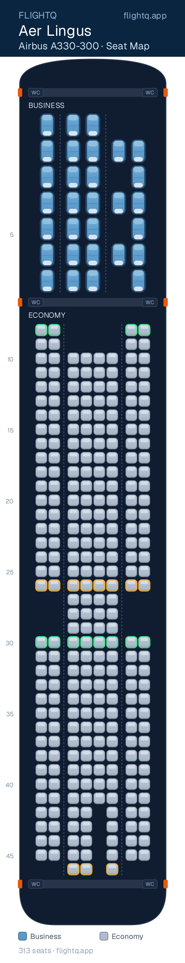 Aer Lingus Airbus A330-300 seat map with 313 seats across 2 cabins — best seats and rows to avoid