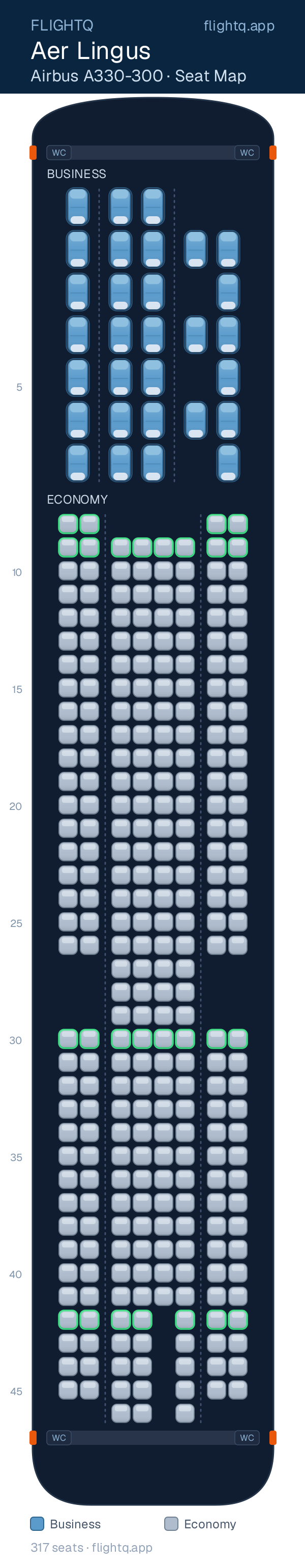 Aer Lingus Airbus A330-300 seat map with 317 seats across 2 cabins — best seats and rows to avoid