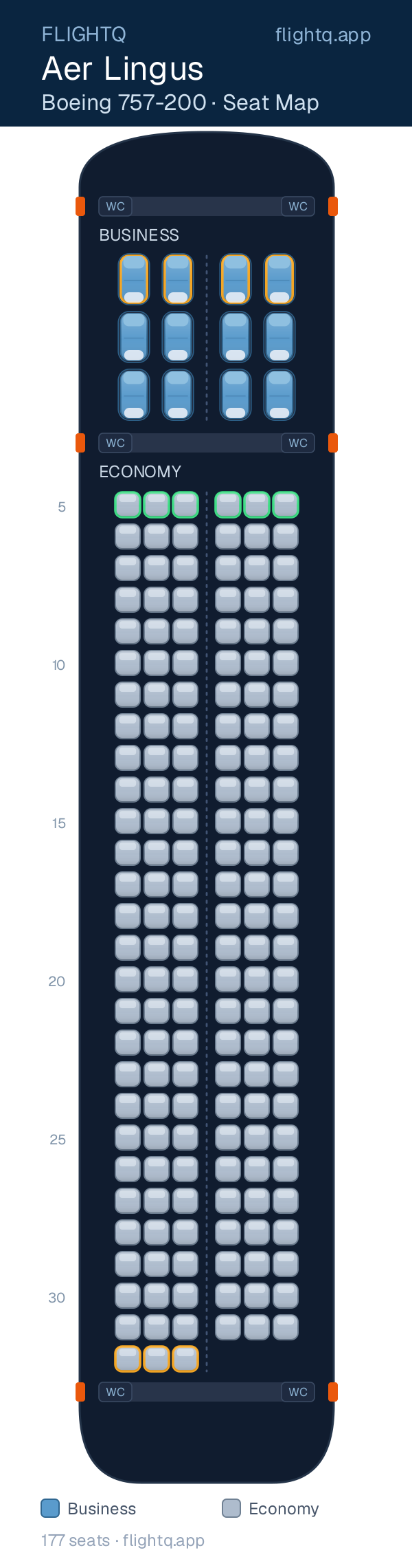 Aer Lingus Boeing 757-200 seat map with 177 seats across 2 cabins — best seats and rows to avoid