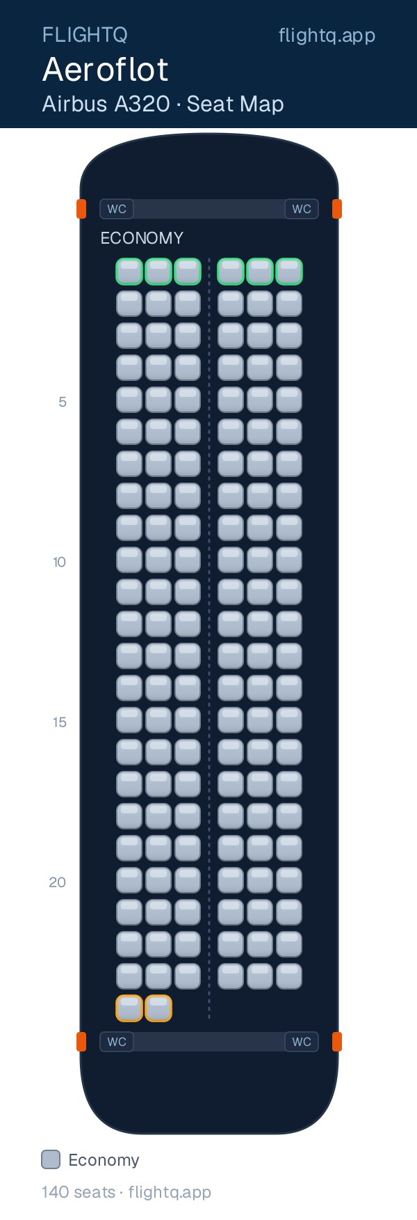 Aeroflot Airbus A320 seat map with 140 seats — best seats and rows to avoid