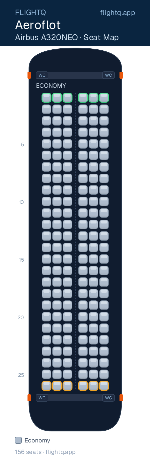 Aeroflot Airbus A320NEO seat map with 156 seats — best seats and rows to avoid