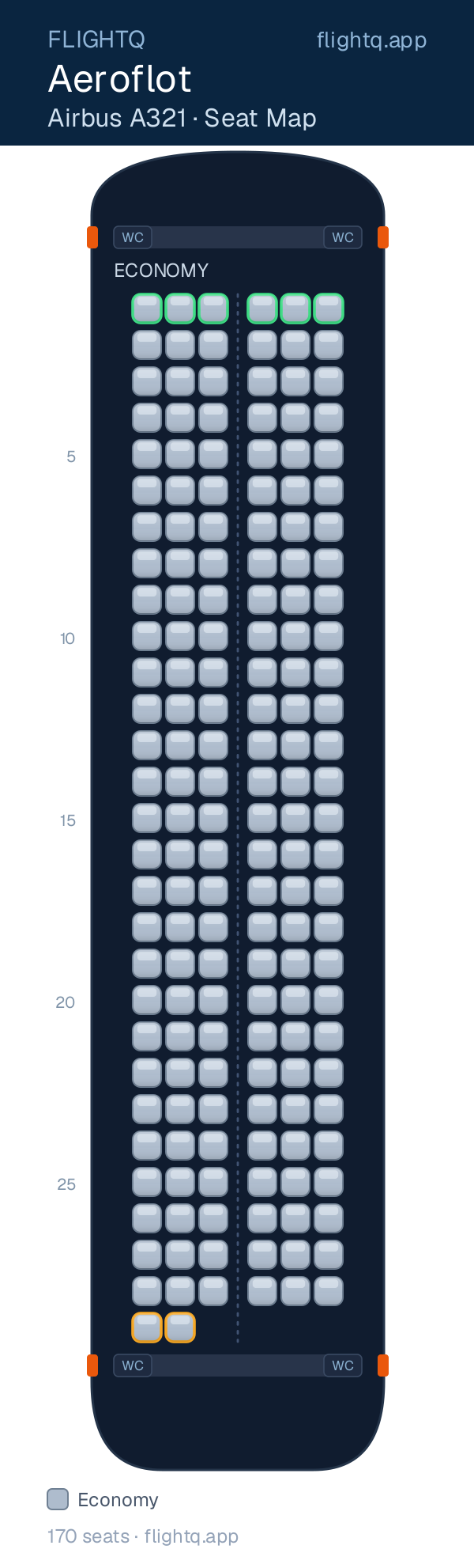 Aeroflot Airbus A321 seat map with 170 seats — rows to avoid