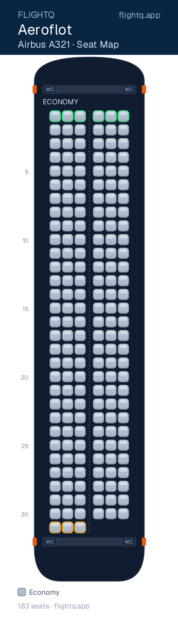Aeroflot Airbus A321 seat map with 183 seats — best seats and rows to avoid