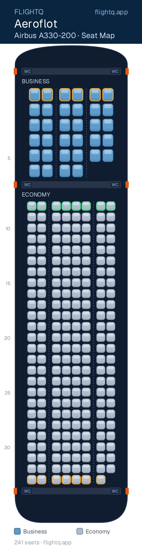 Aeroflot Airbus A330-200 seat map with 241 seats across 2 cabins — best seats and rows to avoid
