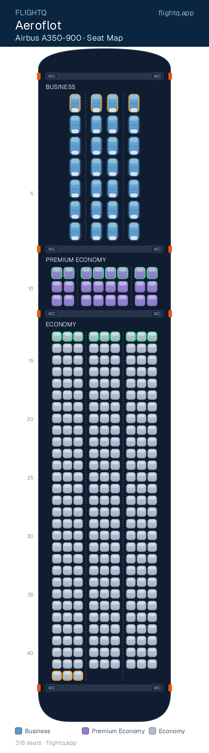 Aeroflot Airbus A350-900 seat map with 316 seats across 3 cabins — best seats and rows to avoid