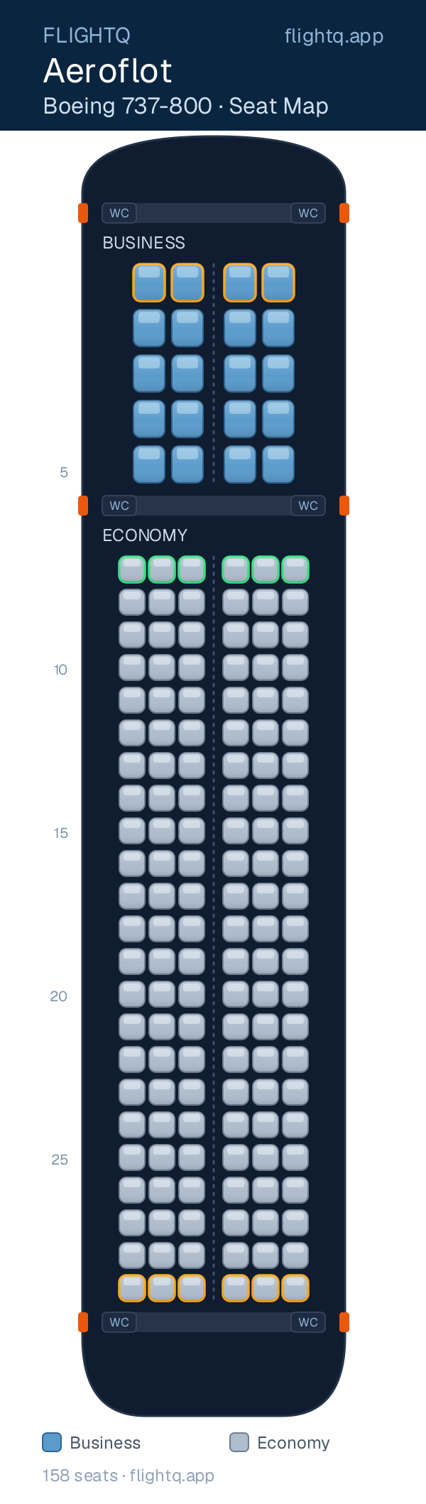 Aeroflot Boeing 737-800 seat map with 158 seats across 2 cabins — best seats and rows to avoid