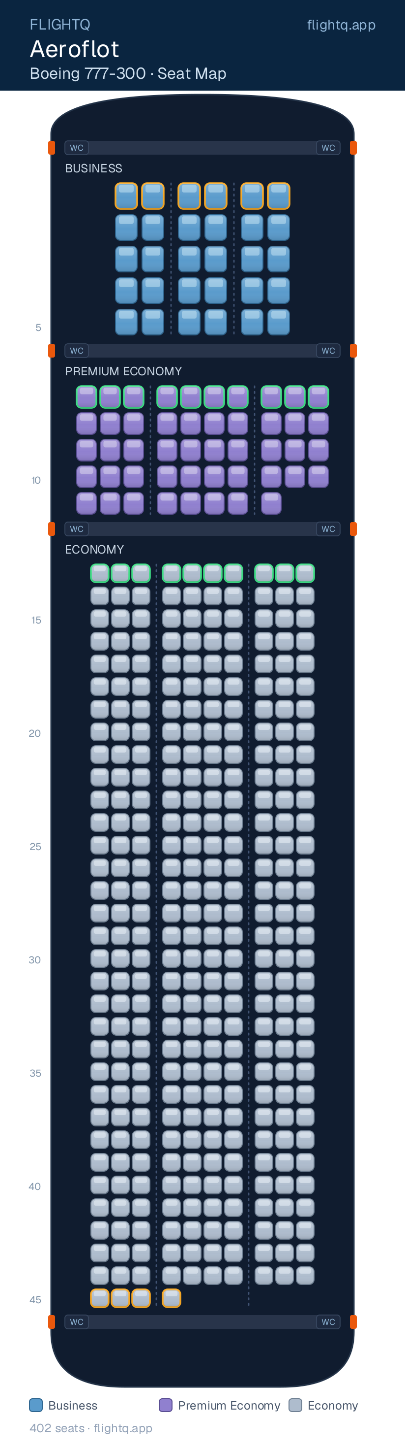 Aeroflot Boeing 777-300ER seat map with 402 seats across 3 cabins — best seats and rows to avoid