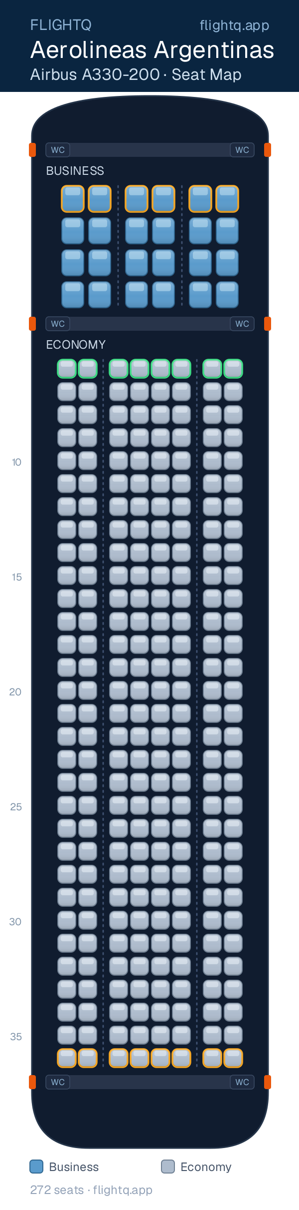 Aerolineas Argentinas Airbus A330-200 seat map with 272 seats across 2 cabins — best seats and rows to avoid