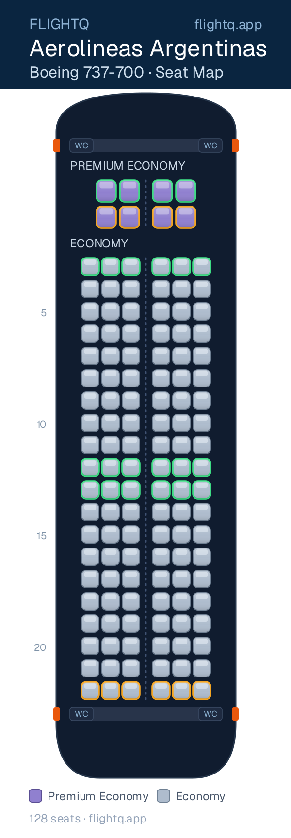 Aerolineas Argentinas Boeing 737-700 seat map with 128 seats across 2 cabins — best seats and rows to avoid