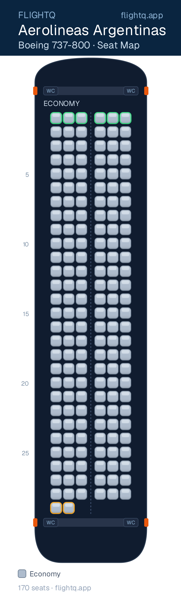 Aerolineas Argentinas Boeing 737-800 seat map with 170 seats — best seats and rows to avoid
