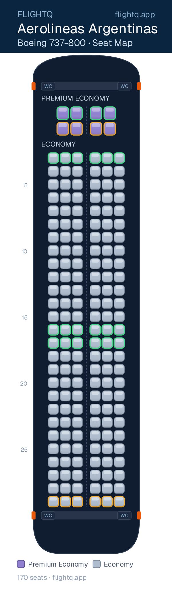 Aerolineas Argentinas Boeing 737-800 seat map with 170 seats across 2 cabins — best seats and rows to avoid