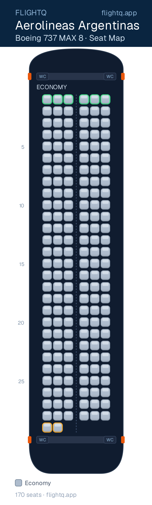 Aerolineas Argentinas Boeing 737 MAX 8 seat map with 170 seats — best seats and rows to avoid