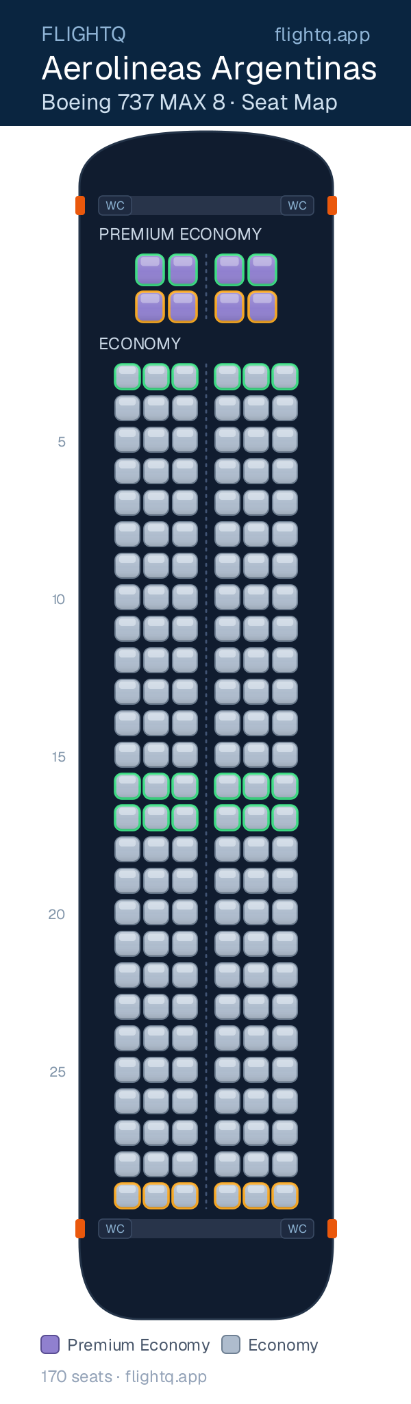 Aerolineas Argentinas Boeing 737 MAX 8 seat map with 170 seats across 2 cabins — best seats and rows to avoid