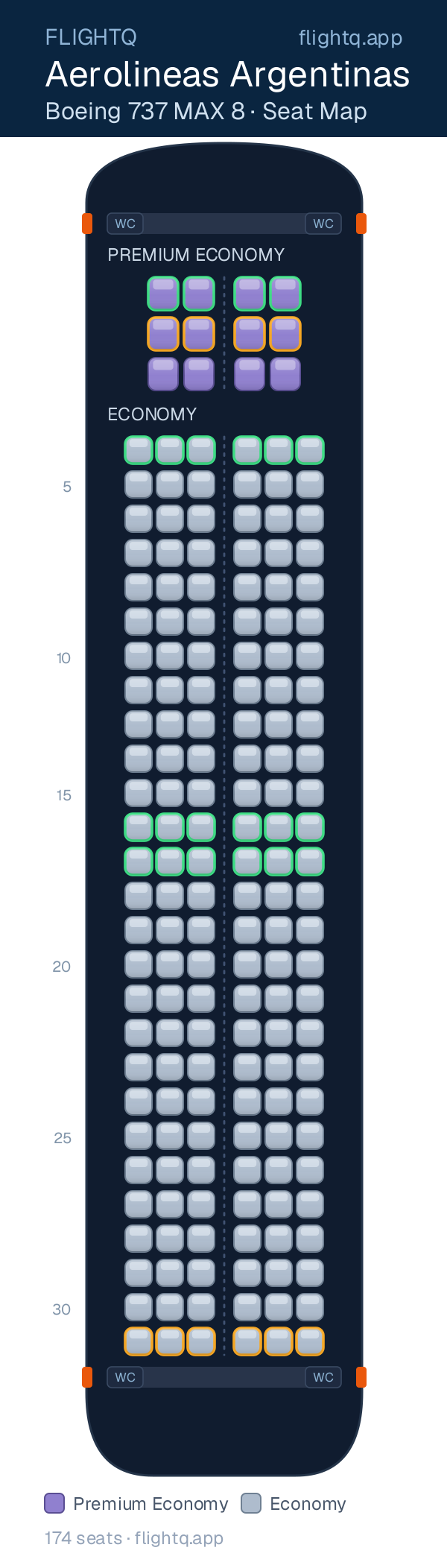 Aerolineas Argentinas Boeing 737 MAX 8 seat map with 174 seats across 2 cabins — best seats and rows to avoid